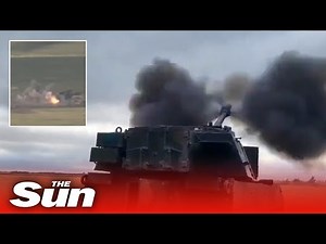 Ukrainian soldiers shell Russian positions with M109 howitzer artillery guns