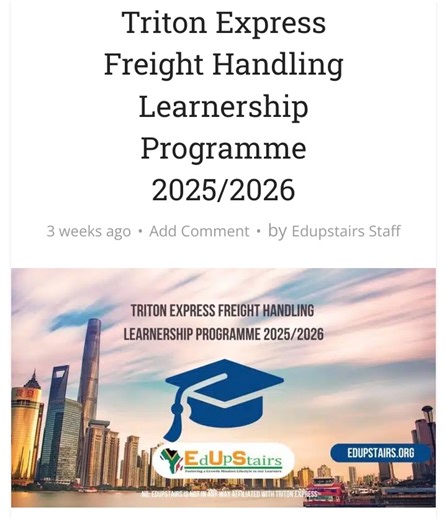 Triton Express Freight Handling Learnership Programme 2025/2026 Triton Academy, a TETA-accredited training provider, is offering an exciting opportunity for unemployed South African youth to join the Freight Handling Learnership Programme. Based in Johannesburg East Rand, this 12-month programme provides a National Certificate in Freight Handling, equipping learners with the necessary knowledge and hands-on experience to thrive in the logistics and transport sector. The Academy has established i