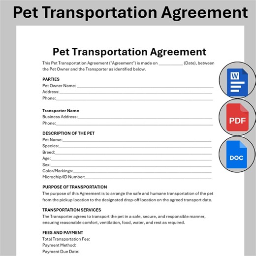 Pet Transportation Agreement Form, Customizable Animal Courier Contract, Printable Liability Waiver Veterinary Care Dog Cat Travel Transport - Etsy
