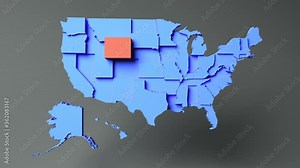 WYOMING - State map with 3D rendering of the United States.