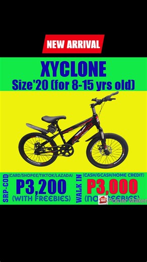 NEW ARRIVAL XYCLONE size 20 kids bike SRP:₱3,200 WALK-IN:₱3,000 VISIT US 👇👇 Budget Bikes Kawit Address: Kartini Hotel and Commercial OPC, Unit 1&2 Blk1 Lot4-13,Cavite Viejo, Centennial Road,Gahak Kawit Cavite 🌐Waze or goggle maps: BUDGET BIKES KAWIT 🕘Open 9am to 6pm ☎️Tel#:(046)2300053 Cel#:0954-423-1006 Cel#:0912-830-5260 https://www.facebook.com/budgetbikeskawit 📱Shopee, TikTok and Lazada link (Ship Nationwide VIA COD) ✅TIKTOK SHOP LINK https://vt.tiktok.com/ZMhfy4aUN/?page=TikTokShop ✅SH