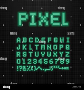 Pixel font, vector letters, numbers and signs on old computer led display. 8 bit video game typeface. Retro digital abc. Green points letters on black background Stock Vector Image & Art - Alamy