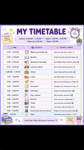 Perfect Student Timetable | School 6:30 AM to 1:30 PM + Tuition Routine 📚✨