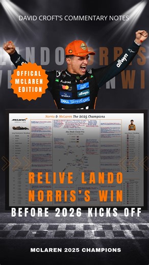 RELIVE THE MAGIC 🧡 Before the 2026 season begins, celebrate Lando Norris's unforgettable victory with this exclusive special edition print! Created in partnership with @mclarenf1 , featuring race highlights, key moments, and David Croft's authentic handwritten commentary notes from one of 2025's most iconic wins. Available signed, framed, or print only. Relive last season's brilliance before lights out 2026! #F1 #LandoNorris #McLaren #Formula1 #F1Memorabilia #McLarenRacing #F12026 #LightsOut202