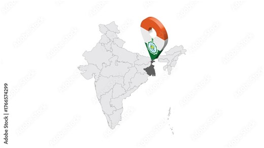 Location West Bengal on map India. 3d West Bengal State emblem map marker location pin. Map of India showing different parts. 4K. Animated Video
