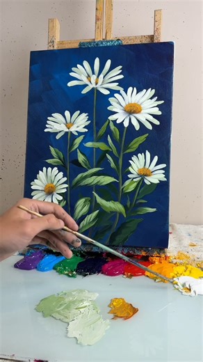 How to Paint White Daisies on Blue Background | Relaxing Acrylic Painting for Beginners | Simple ART