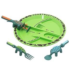 Constructive Eating Plate and Utensils Set - USA-Made Toddler Dinnerware with Divided Plates (Dinosaur)
