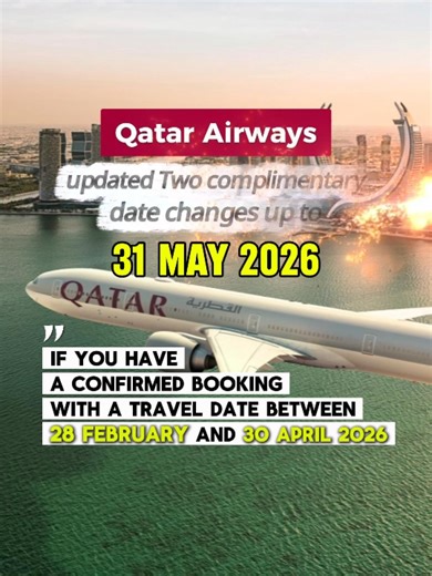 🚨 Big Travel Update from Qatar Airways — Don’t Miss This! ✈️ Got a booking? You might be eligible for FREE date changes 👀 📅 Travel between Feb 28 – Apr 30, 2026 🆓 Enjoy 2 complimentary date changes ⏳ Valid until May 31, 2026 This is your chance to flex your travel plans without extra fees 🔥 Don’t sleep on it — check your ticket NOW! #qatar #doha #qatarairways