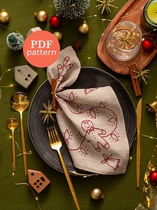 Gingerbread Hand Embroidery Pattern | Christmas Linen Napkin DIY (PDF Pattern) - Etsy