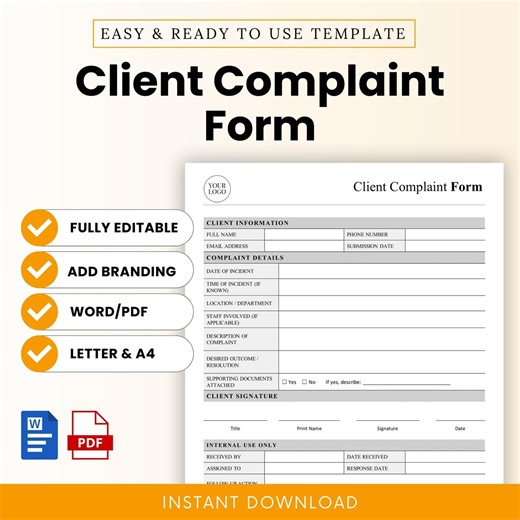 Client Complaint Form Template – Word & PDF, A4   US Letter - Etsy