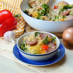 One pot cheesy kielbasa rice and broccoli. Full recipe below. . . . . 1/2 tablespoon olive oil 1 Kielbasa sliced diagonally 1 small onion, diced 1 smell bell pepper, diced 1/2 teaspoon salt 1/2 teaspoon pepper 2 cloves garclic, minced 1 cup white rice 2 cups chicken stock or broth 2 cups broccoli florets, bite sized pieces 2 cups shredded cheese, divided Directions: Heat olive oil in a skillet on medium-high heat. Add in the kielbasa and cook for about 3-4 minutes on each side. Remove the kielba