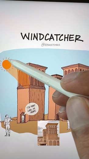 Bhupeshkumar - 07Sketches (Architecture & Design) on Instagram: "A wind catcher (or “wind tower”) is a traditional architectural element used primarily in Middle Eastern and Persian architecture to provide natural ventilation and cooling. These towers capture wind at higher altitudes and channel it into a building, promoting airflow and reducing interior temperatures. -Use Coupon code 'SAVE50' to get my course and eBooks for 50% OFF, limited time only!"
