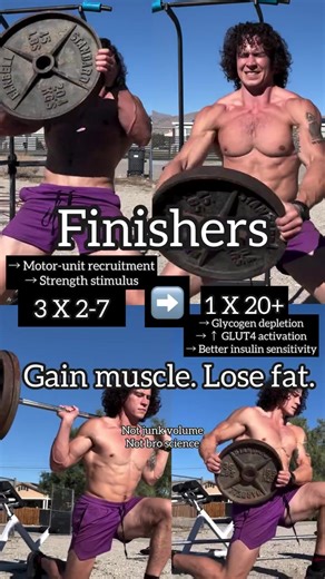 High volume depletes more glycogen, and depleting glycogen results in more GLUT4 translocation, which results in better insulin sensitivity, which means better nutrient partitioning. So the nutrients you ingest go to your muscles instead of your fat. The reason I use finishers is because achieving high volume with heavy weight is very difficult. I enjoy the strength adaptations that come with training in the low rep range, but I also enjoy the metabolic advantages of higher volume training. That