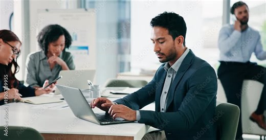 Laptop, typing and business man in workplace, reading email and report for insurance coverage. Computer, corporate and broker in office to review claims, policy premium and research while coworking