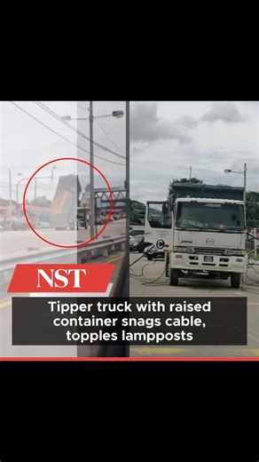 6K views · 22 reactions | #NSTTV A tipper truck with its container still raised snagged an overhead cable and brought down three concrete lampposts along Jalan Johor Baru–Gelang Patah–Pendas near SMK Gelang Patah yesterday. READ MORE: https://www.nst.com.my/news/nst-viral/2025/06/1228881/nstviral-tipper-truck-raised-container-snags-cable-topples-lampposts | NST Online | Facebook