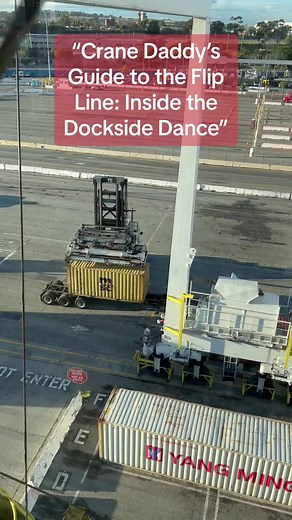 “Join me, Crane Daddy, as I give you an exclusive view from my crane’s cockpit of the dynamic flip line at the docks. Watch as the top handler, an impressive oversized forklift, expertly maneuvers shipping containers from trucks to the dock. Learn the language of honks – one honk to stop, two to back up, and one post-grab to move – it’s a symphony of efficiency in action. Filmed from high above, this unique perspective showcases the precision and coordination of our dockside operations. #CraneDa