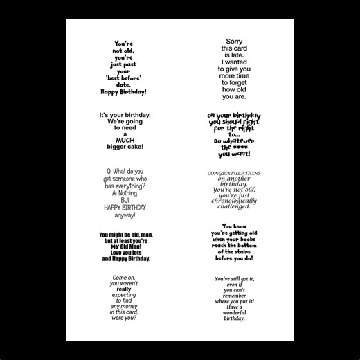 Funny Birthday Card Verses JPG, Snarky Birthday Sayings, Inside Card Words, Printable Sentiments, Craft Supplies, Fussy Cutting - Etsy