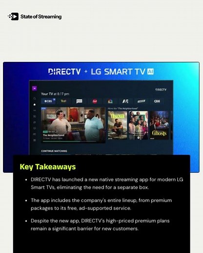 State of Streaming Cliff Notes DirecTV has launched a native streaming app
