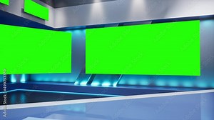 Tv Studio. Studio. News studio. Newsroom Background for News Broadcasts. Blurred of studio at TV station. News channel design. Control room. 3D rendering. Green screen