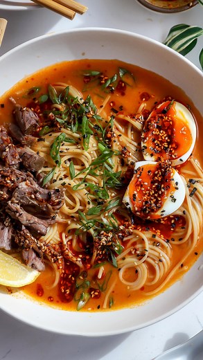 Nadia Aidi on Instagram: "Oxtail Ramen…I had the BIGGEST craving for it for about a week until I *finally* gave into…I need you to try it and lmk know what you think! Ingredients: * 4-5 lb oxtail bones. * 1 large onion. * 4 bundles dry ramen noodles. * 1/3 cup white miso paste. * 3-4 tbsp gochujang. * 2 tbsp gochugaru. * 2 garlic cloves. * 1 1/4 inch ginger knob. * 2 tsp tamari or soy sauce. * 1 tbsp rice vinegar. * 2 tsp sesame oil. * 1 tsp msg. * 1 large kombu strip. Topping: * salsa macha. * 