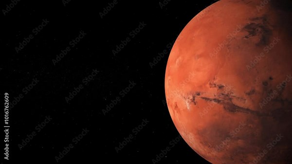 the red planet mars on the left side of the screen in deep space