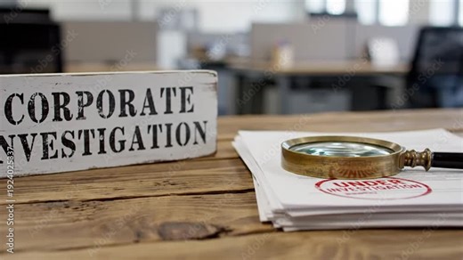 Magnifying glass examining corporate documents on a wooden desk in an office environment from a close-up viewpoint