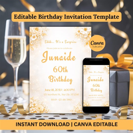 60th Birthday Invitation Template, Surprise 60th Birthday Invite, Editable Canva Birthday Invitation, Elegant White Gold Birthday Invite - Etsy