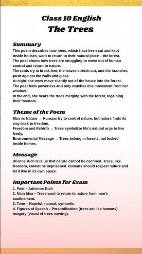 The Trees Poem by Adrienne Rich Summary, Theme, Message | Class 10 English CBSE Revision #shortsfeed