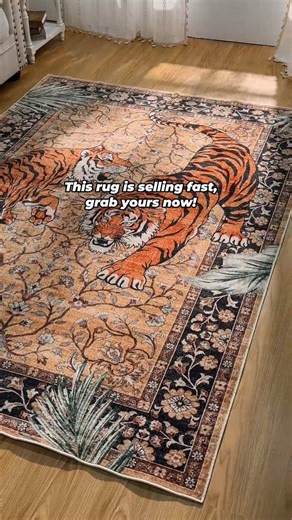 This camel tiger rug brings bold jungle energy to your home --Rava Camel Multicolor rug #lahome #lahomerugs #washablerugs #machinewashable #petfriendly #fyp #tigerrug #junglevibes #livingroomdecor #boldinterior #homestyle@LAHOME DECOR