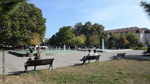 Center of Shkoder city in north Albania. People, street, landmarks and architecture in Shkodra.