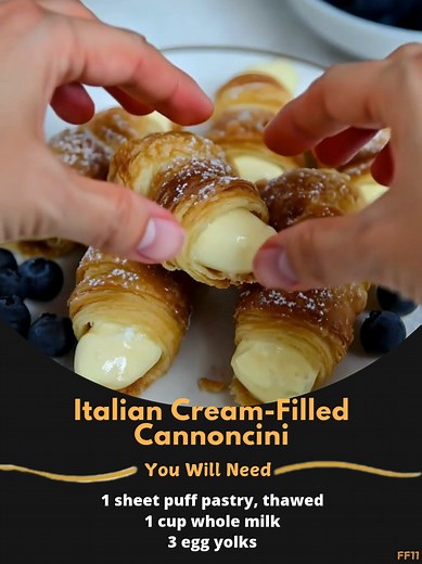 1.3K views | Italian  Cream-Filled Cannoncini Crispy, flaky pastry filled with a creamy Italian custard Ingredients: - 1 sheet puff pastry, thawed - 1 cup whole milk - 3 egg yolks ..... Full Recipe in Coʍmеոτ   | Homemade Recipes | Facebook