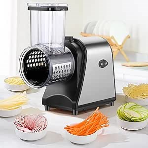 250W Electric Slicer Grater Salad Maker, Electric Cheese Grater/shredder with 5 Free Attachments Electric Salad Machine Extra Large Feed Port Upgraded