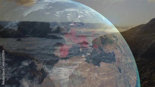 Sun dipping, globe overlay showing pink spots, hotspots growing, faint form appearing as heatmap