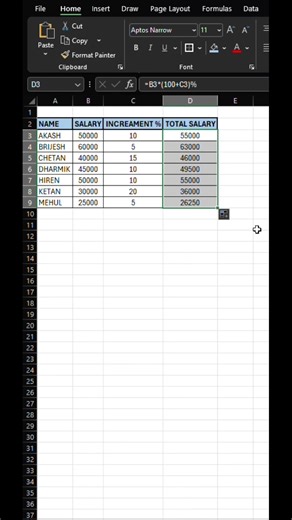 Salary increment calculation from percentage #excel #exceltips #exceltricks #exceltutorial