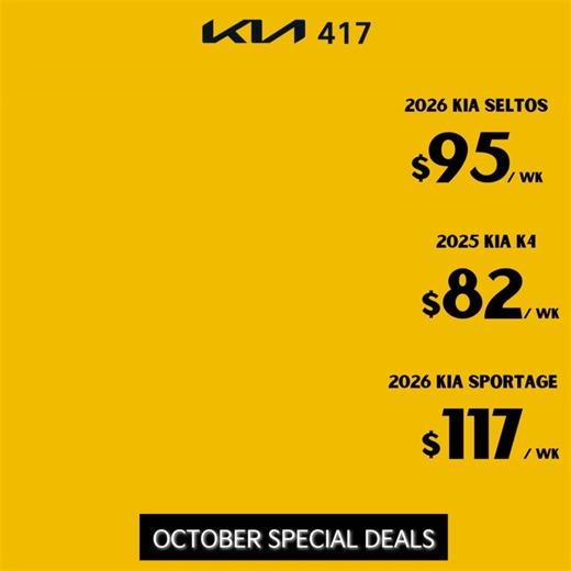 🔥 Final Days of Kia 417’s October Offers! • 2026 Kia Seltos — $95/week • 2025 Kia K4 — $82/week • 2026 Kia Sportage — $117/week Offer Link: https://www.kia417.com/inventory/new/ 🎯 Plus, receive an extra $1,000 trade-in bonus this week only. 🚦Act now — offers expire soon and units are going fast. 📍 Kia 417 | Ottawa’s #1 Kia Destination | Kia 417