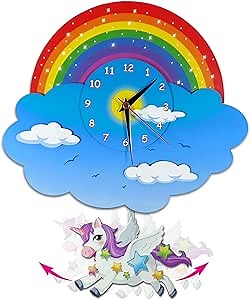 Unicorn Rainbow Pendulum Wall Clock - Three-dimensional View Kids Analog Swinging Clock, 3D MDF Wooden, for Children's Bedroom, Disney, Girls Room