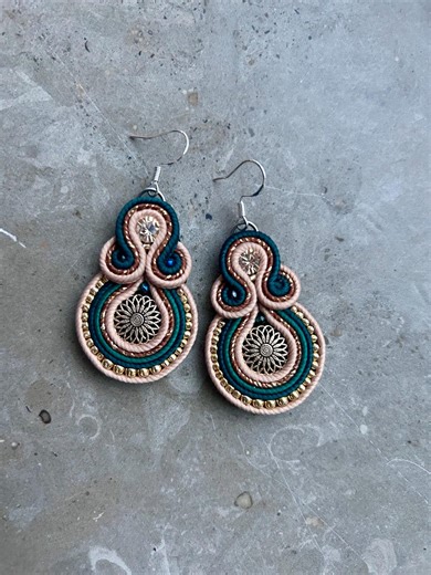 Handmade Soutache Earrings, Dark Green and Gold Beaded Jewelry - Etsy