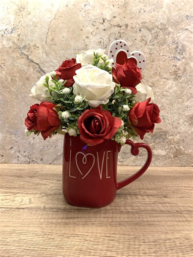 Love Coffee Mug With REMOVEABLE Flower Arrangement - Valentines Day Gift - Red Coffee Mug With Hearts and Flowers - Etsy