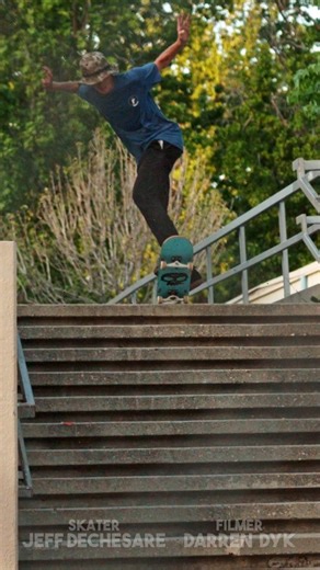 360 Inward Heelflip down a sizable stairset in Los Angeles by Jeff DeChesare | Skate Physics