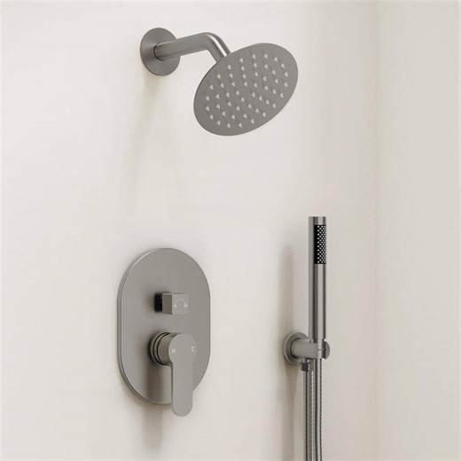 Check The Home Depot's Q&A Before Buying: GRANDJOY 2-Spray Wall Mount Round Wall Bar Shower Kit High Pressure 6 in. Dual Shower Heads with Handheld in Brushed Nickel