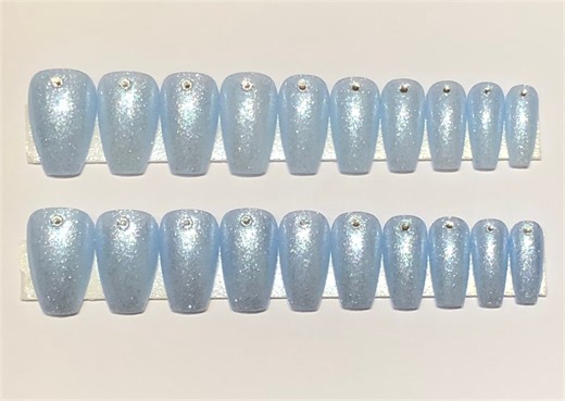 Icey blue silver crystal short coffin Kiara Sky press on nails