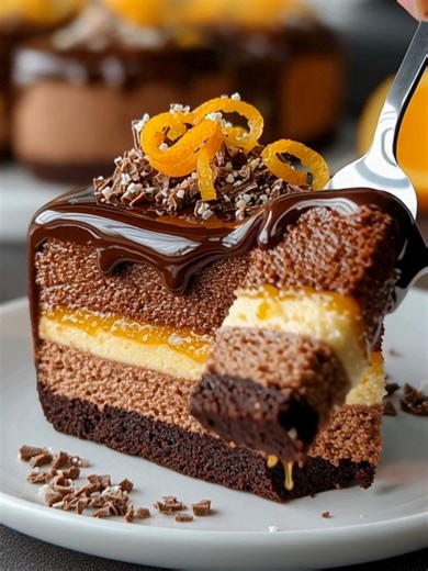 Gâteau Mousse Chocolat-Orange Des couches riches de gâteau au chocolat fondant, de mousse à l’orange soyeuse et de ganache brillante — un pur bonheur chocolat-agrume. Portions : 10 parts Température de cuisson : 175 °C (350 °F) Durée totale : 1 h 30 (repos inclus) Ingrédients principaux : 1 tasse de chocolat noir (fondu) ....................... 👉 Recette complète en premier | Secrets de Cuisine