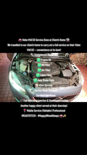 🚗 Volvo V40 D3 Service Done at Client’s Home 🛠️ We travelled to our client’s home to carry out a full service on their Volvo V40 D3 — convenience at its best! 🔧 Components Replaced: ✅ Engine Oil ✅ Oil Filter ✅ Air Filter ✅ Cabin Filter ✅ Rear Brake Pads 📋 After Service: ✔️ Service Book Stamped ✔️ Service Light Reset ✔️ Full Vehicle Inspection & Feedback Provided Another happy client served at their doorstep! 📍 Mobile Service | Reliable | Professional IMCAUTOTECH – #HappyWheelAlways 🚘✨