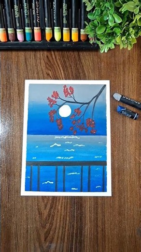 ​How to Draw Night Ocean Balcony View with Oil Pastels 🌌🌊 | Moonlit Tree Branch Drawing #shorts