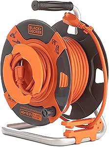 Black + Decker 50 Ft. Reverse Retractable Extension Cord Reel 14AWG SJTW Power Cable, For Electric Tools - Outdoor Power Cord Reel W/Heavy-Duty Rewind Handle - Premium Cord Retractor for Garden