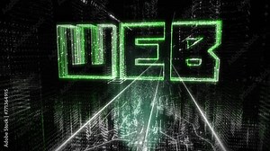 Entering the world of Virtual Reality. Rotating shot. The word Web with white and green borders is appearing and then disappearing. Internet. Browser. Computer Graphics. Data processing.