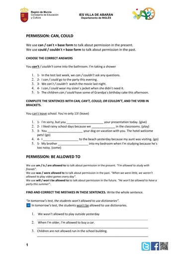 Modals of ability and permission worksheet