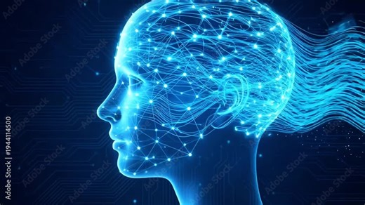 Futuristic artificial intelligence digital human head with glowing neural network connections and flowing data streams on a blue technology background. Concept of AI, machine learning