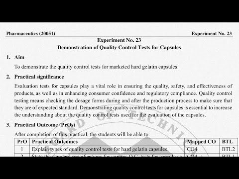 Pharmaceutics Expt 23 | Demonstration of Quality Control Tests for Capsules | MSBTE PH Manual Answer