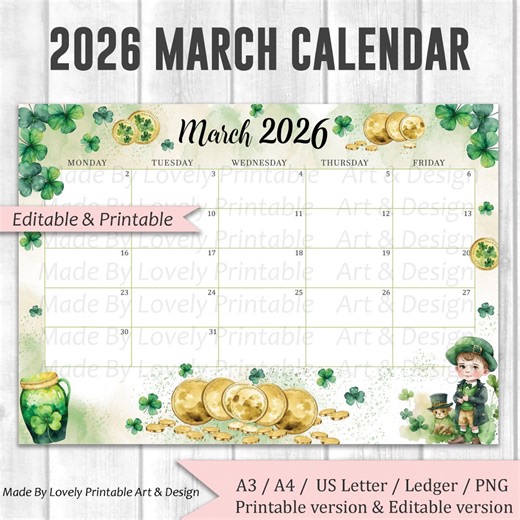 EDITABLE March 2026 Calendar, Happy St.patrick's Day Planner, Printable Fillable Classroom Calendar, Kids School Schedule, Instant Download - Etsy